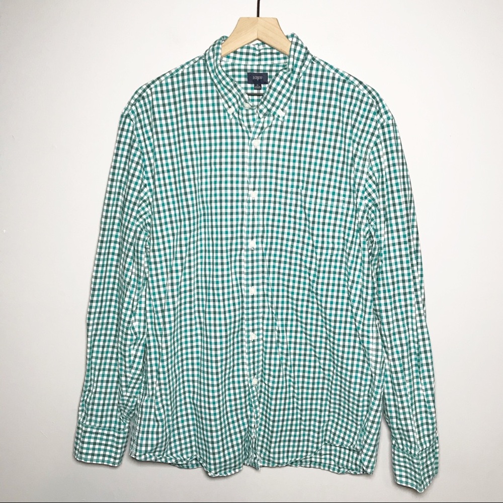 J Crew Factory Long Sleeve Plaid Check Washed Button Shirt in Green XL